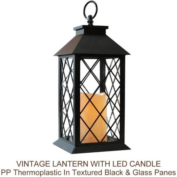 2-Pack 13.5" Vintage Candle Lantern with LED Pillar Candle (Black, 6hr Timer) - Picture 2 of 8